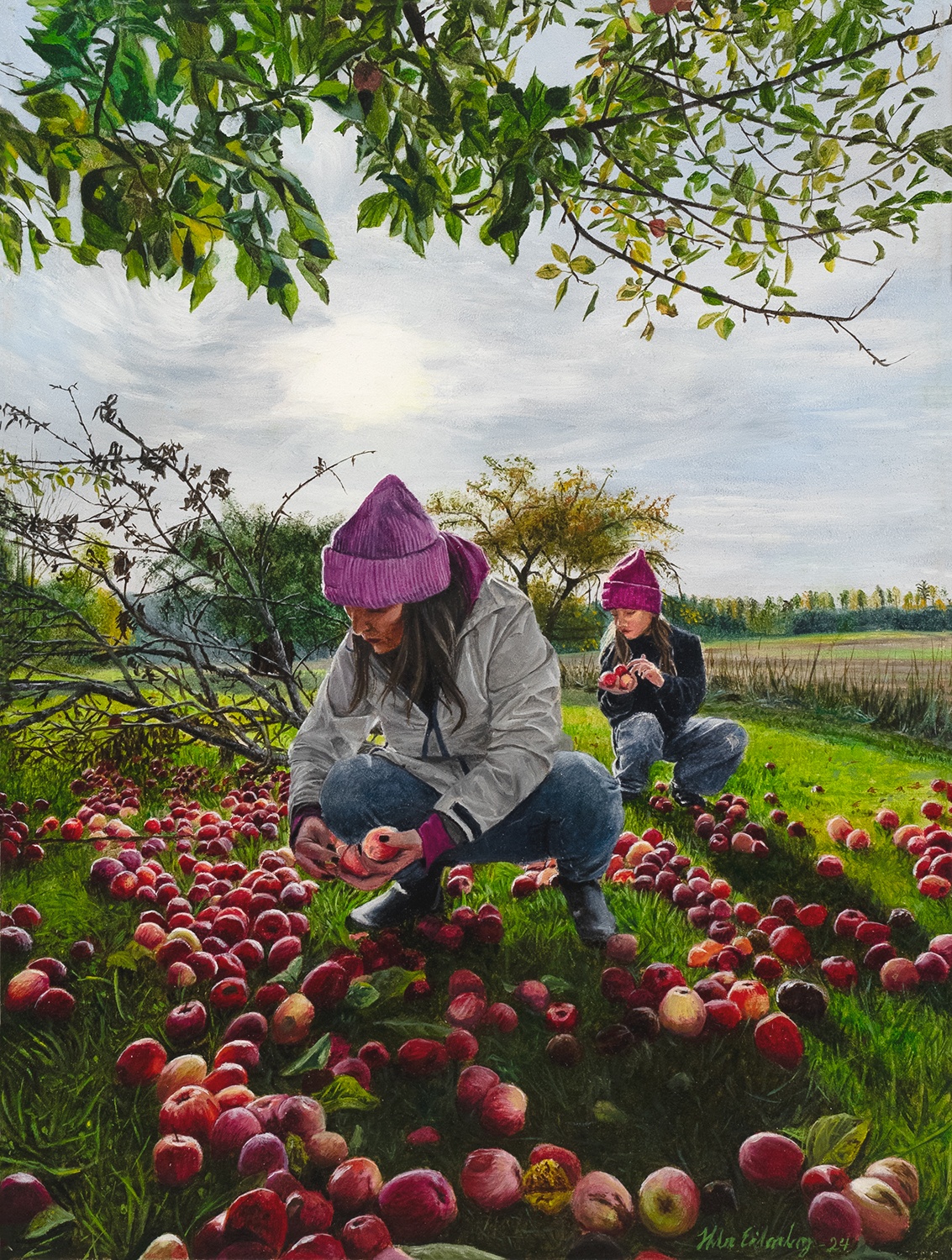 oljemålning realistiskt porträtt äppelplockning äppelmust