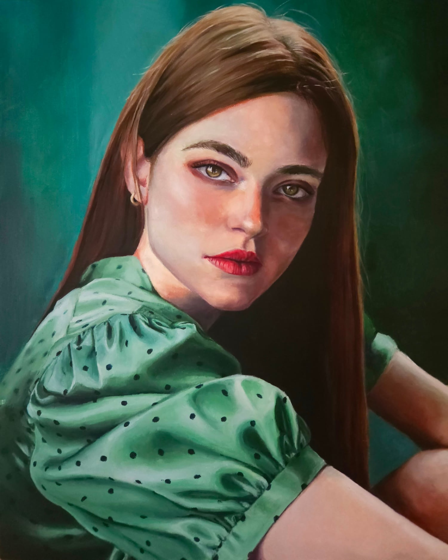 Oljemålning kvinna i grön blus realistisk stil