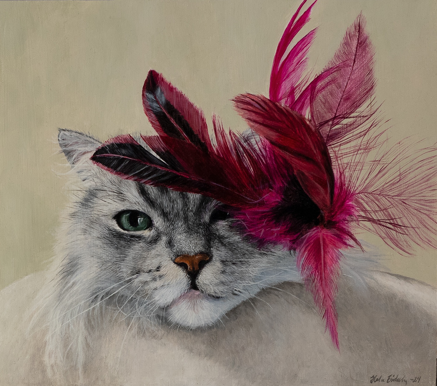 oljemålning realistisk porträtt sibirisk katt med leksak