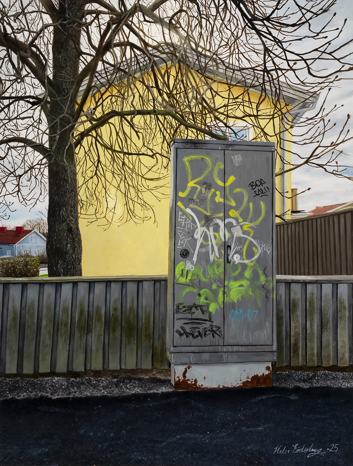 oljemålning realistisk elskåp på gata framför hus och kastanj